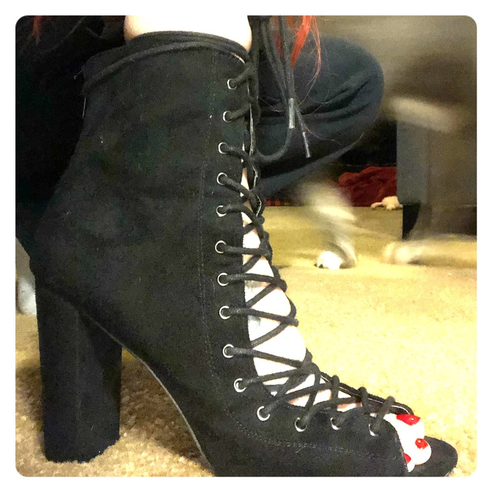 Black suede open toed lace up heels
